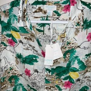 CYNTHIA ROWLEY 100%LINEN MULTICOLOR ITALIAN SCENES ROLL TAB SLEEVE TUNIC X1 NWT